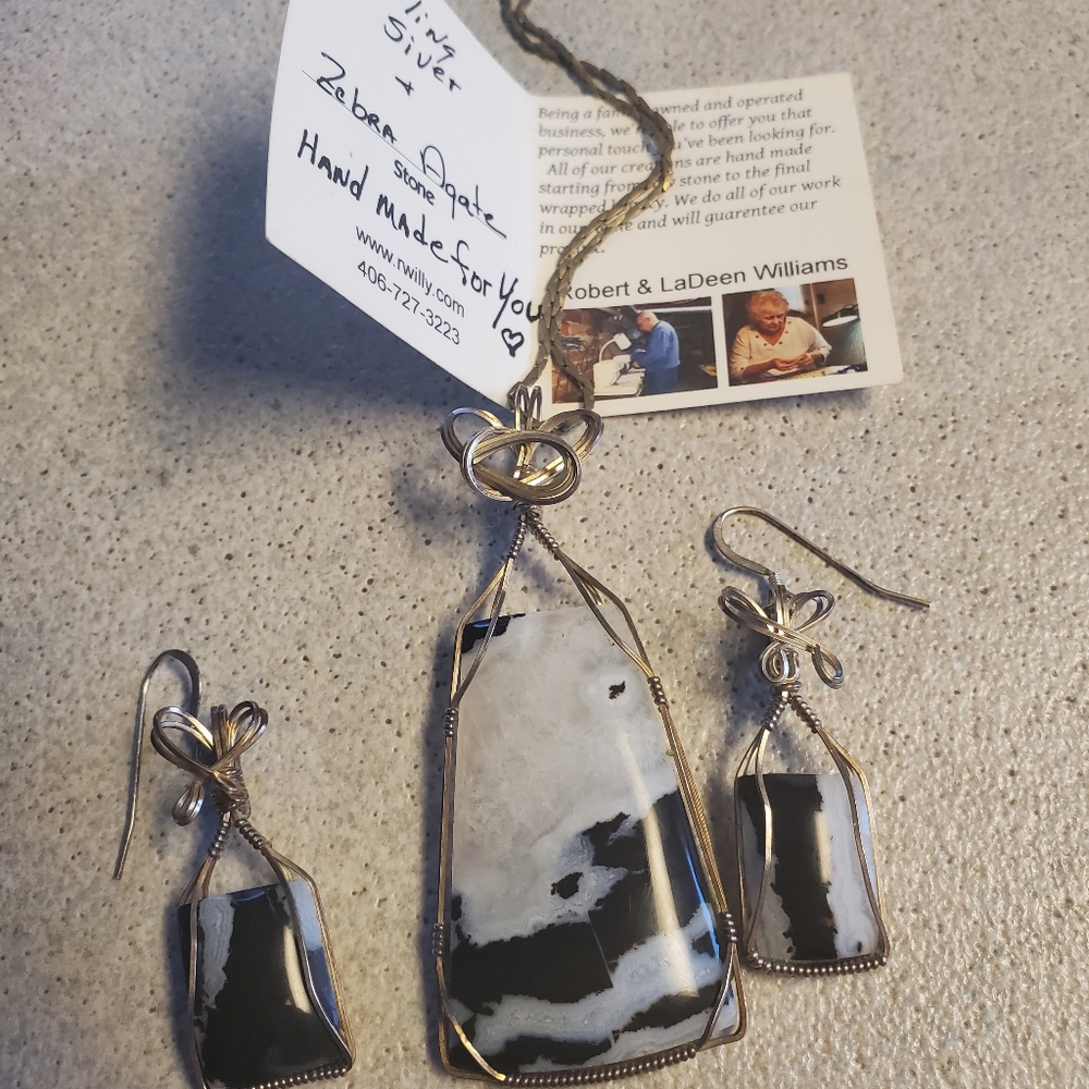 Zebra agate wrapped in sterling silver - necklace and earrings set